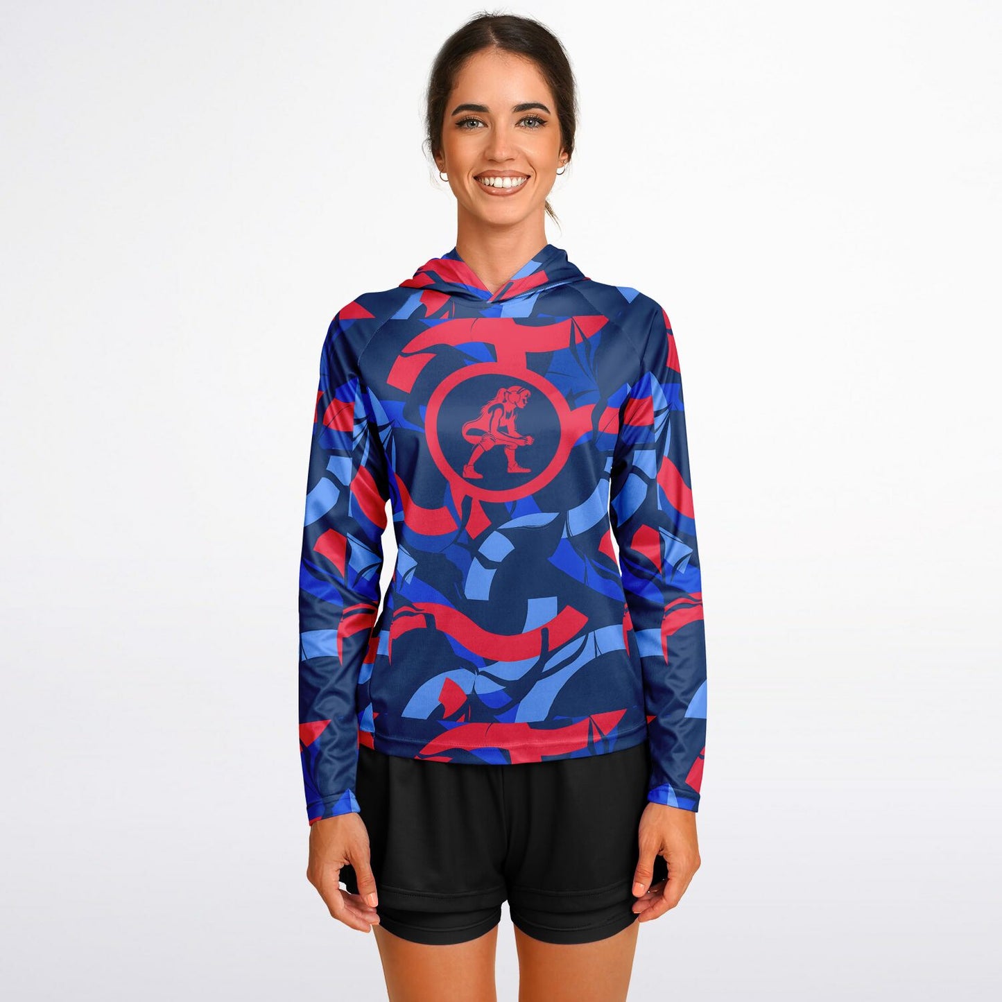 4Wrestlers Patriotic Abstract Women's Wrestling Long Sleeve Hooded Performance Shirt - AOP