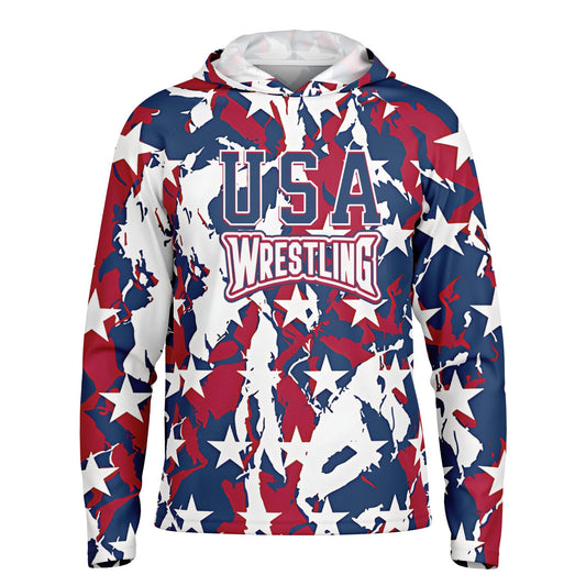 Patriotic USA Distressed Flag Men's Wrestling Long Sleeve Hooded Performance Shirt - AOP