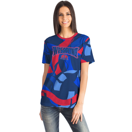 4Wrestlers Patriotic Red & Blue Abstract Womens Wrestling All Over Print T-shirt