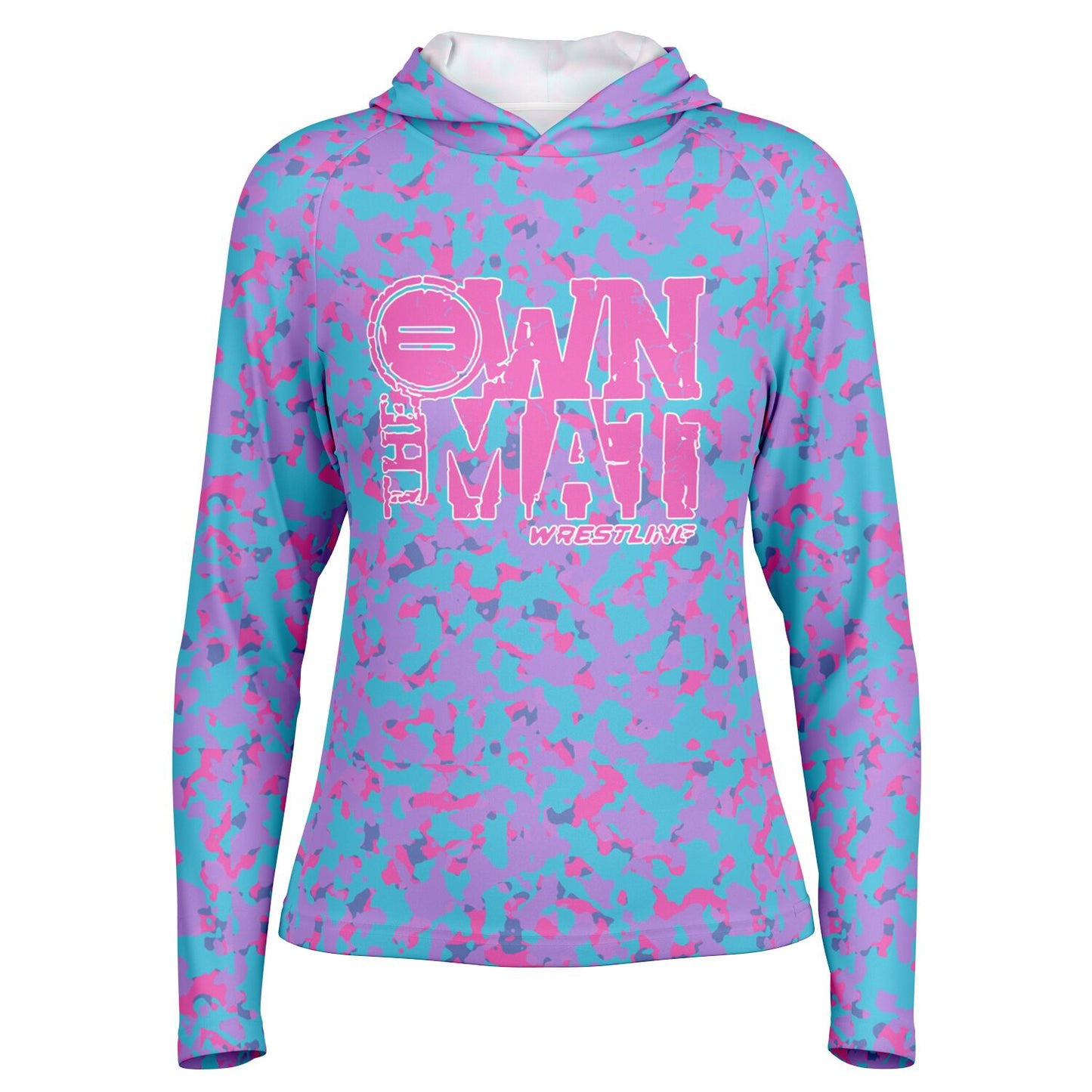 4Wrestlers Pink Camo Own the Mat Women's Wrestling Long Sleeve Hooded Performance Shirt - AOP