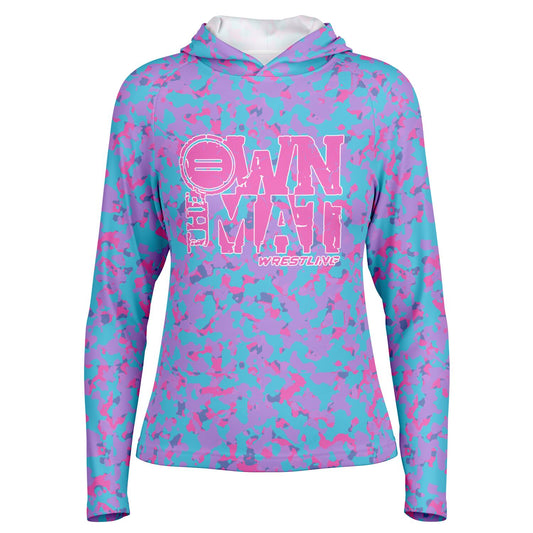 4Wrestlers Pink Camo Own the Mat Women's Wrestling Long Sleeve Hooded Performance Shirt - AOP