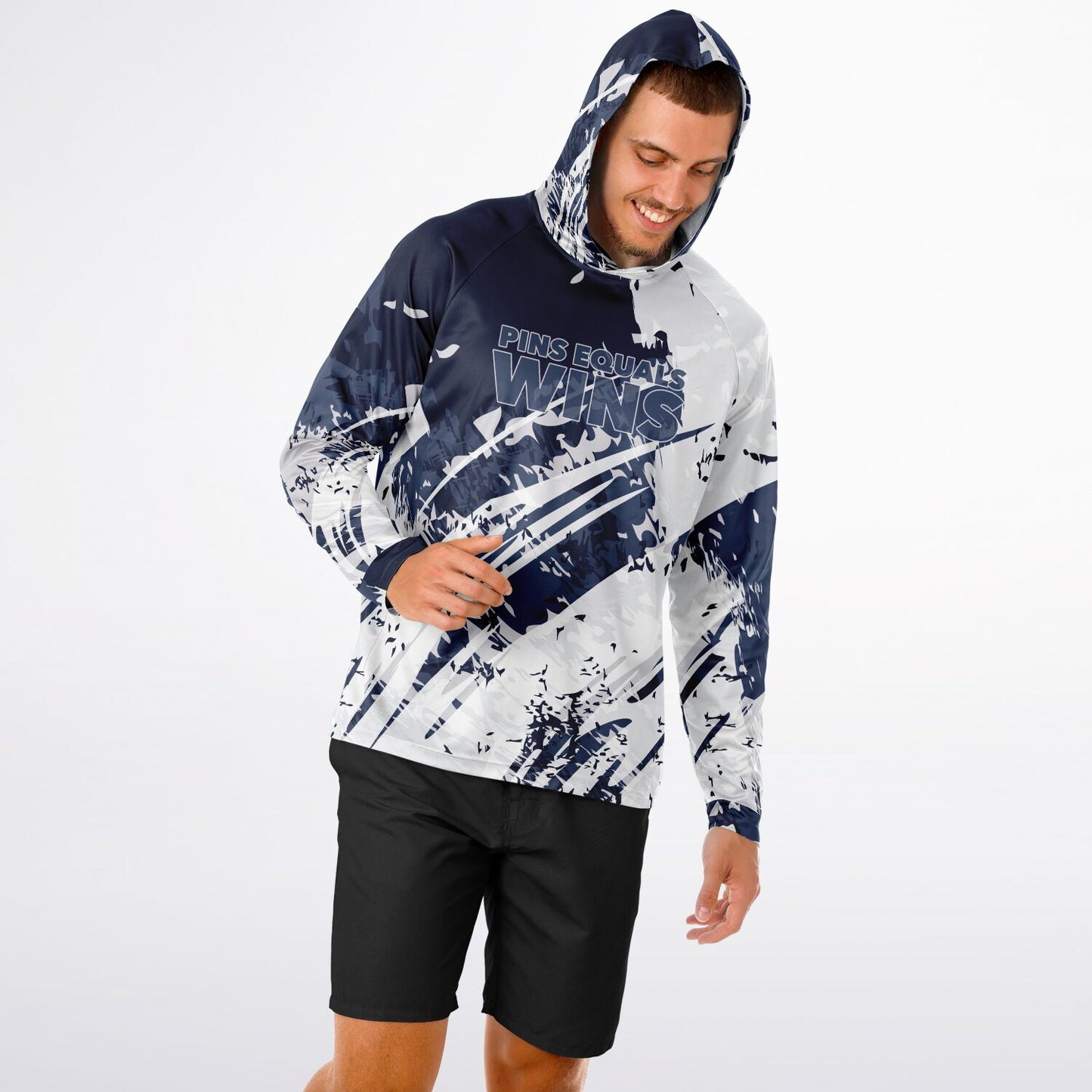 4Wrestlers Navy Blue Pins Equals Wins Men's Wrestling Long Sleeve Hooded Performance Shirt - AOP