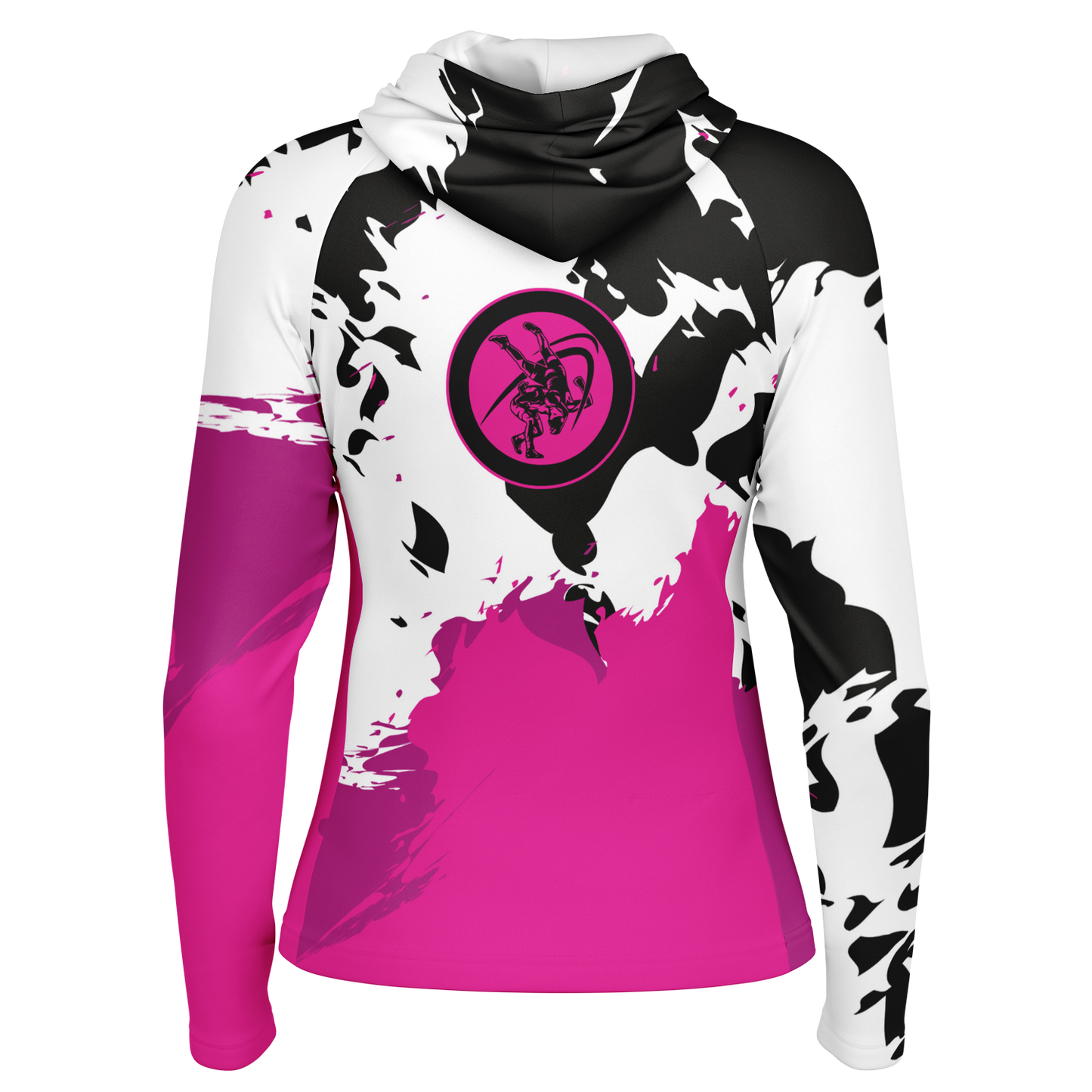 4Wrestlers Hot Pink Abstract Women's Wrestling Long Sleeve Hooded Performance Shirt - AOP