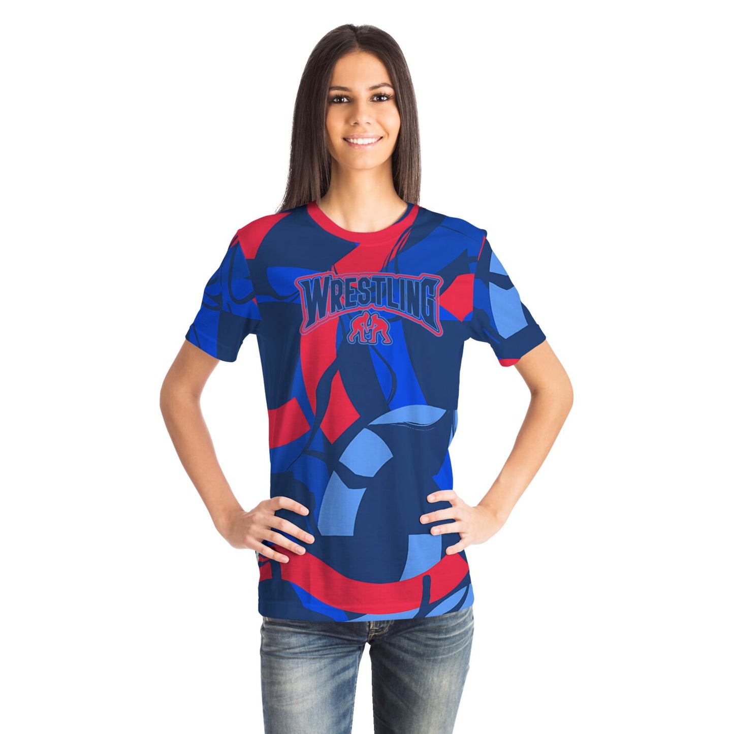 4Wrestlers Patriotic Red & Blue Abstract Womens Wrestling All Over Print T-shirt