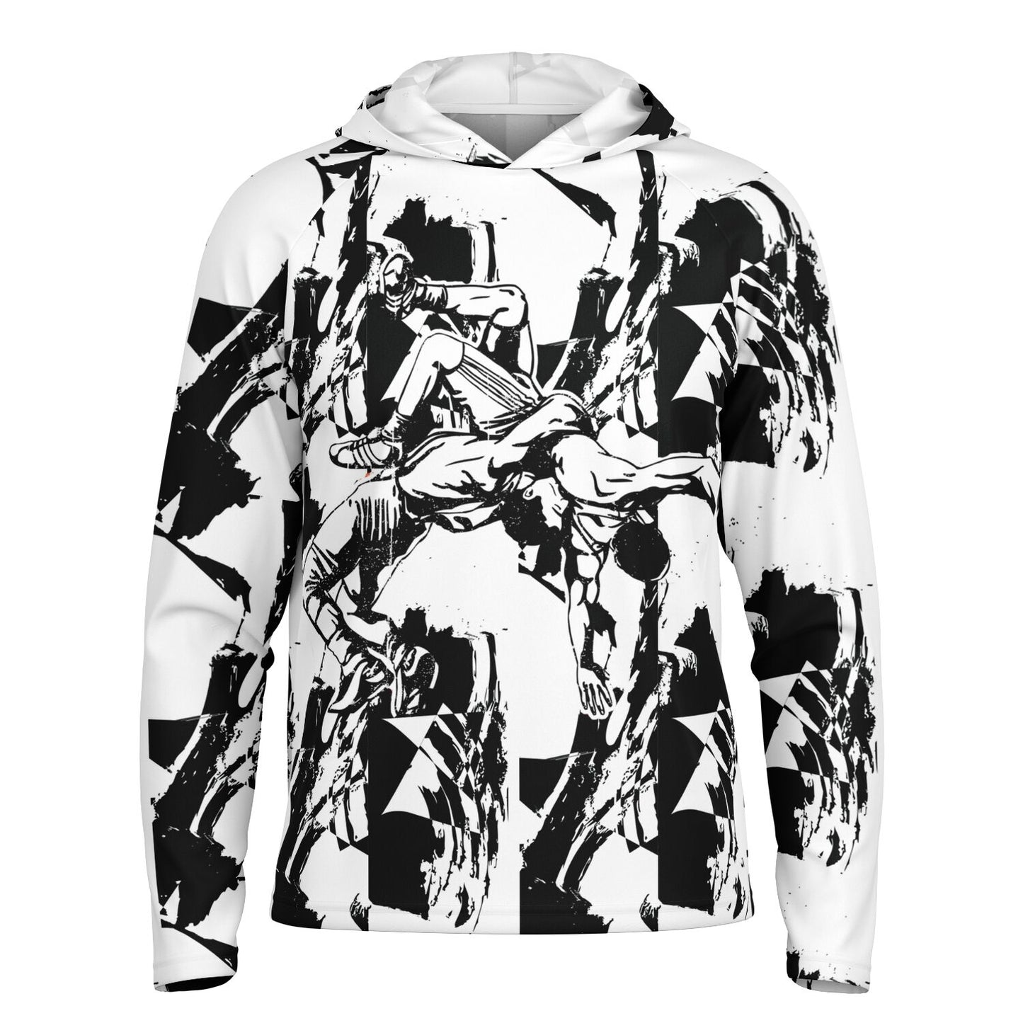 4Wrestlers Black & White Wrestling Men's Long Sleeve Hooded Performance Shirt - AOP