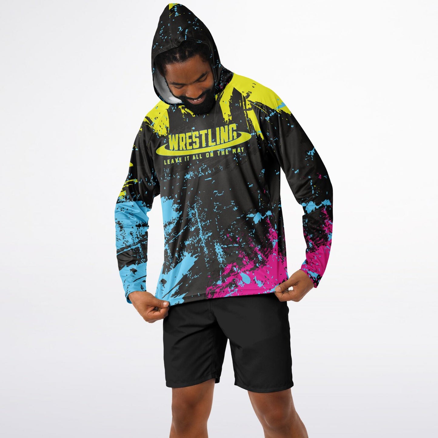 4Wrestlers Midnight Paint Splatter Men's Wrestling Long Sleeve Hooded Performance Shirt - AOP
