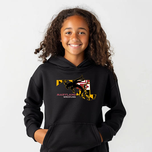 Maryland High School Girls Wrestling Marylander State Flag Youth Hoodie Heavy Blend Hooded Sweatshirt