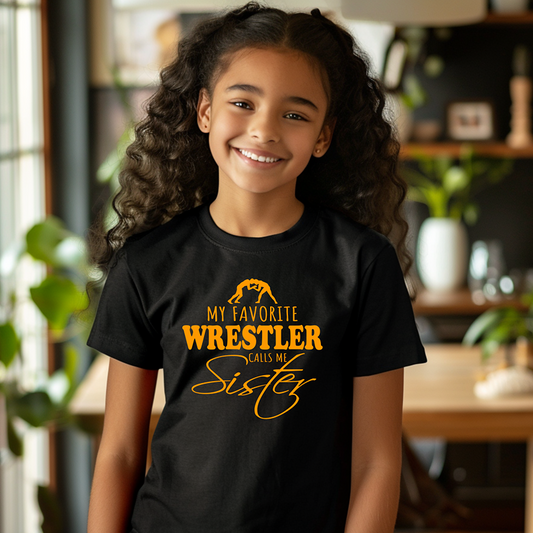Wrestling Sister My Favorite Wrestler Calls Me Sister Youth Freestyle Wrestling T-Shirt Kids Wrestler Tee