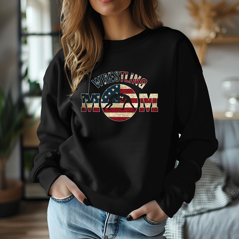 Wrestling Mom USA Flag Themed Moms of Wrestlers Warm Cozy Comfortable Unisex Crewneck Sweatshirt