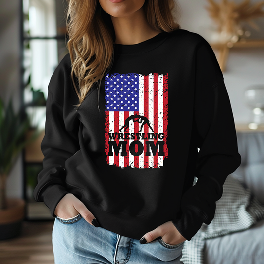 USA Flag Wrestling Mom Sweat Shirt Moms of Wrestlers Warm Cozy Comfortable Unisex Crewneck Sweatshirt