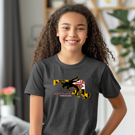 Maryland High School Girls Wrestling Marylander State Flag Youth Freestyle Wrestling T-Shirt Kids Wrestler Tee