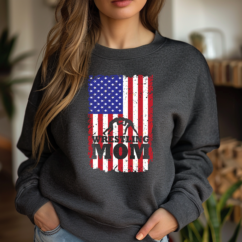 USA Flag Wrestling Mom Sweat Shirt Moms of Wrestlers Warm Cozy Comfortable Unisex Crewneck Sweatshirt