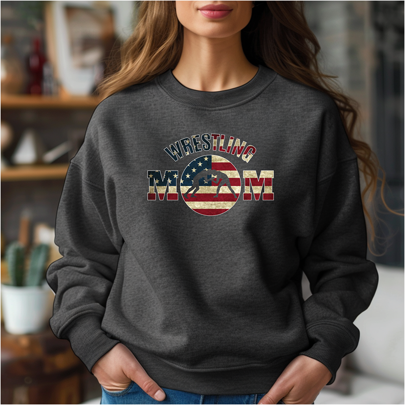 Wrestling Mom USA Flag Themed Moms of Wrestlers Warm Cozy Comfortable Unisex Crewneck Sweatshirt