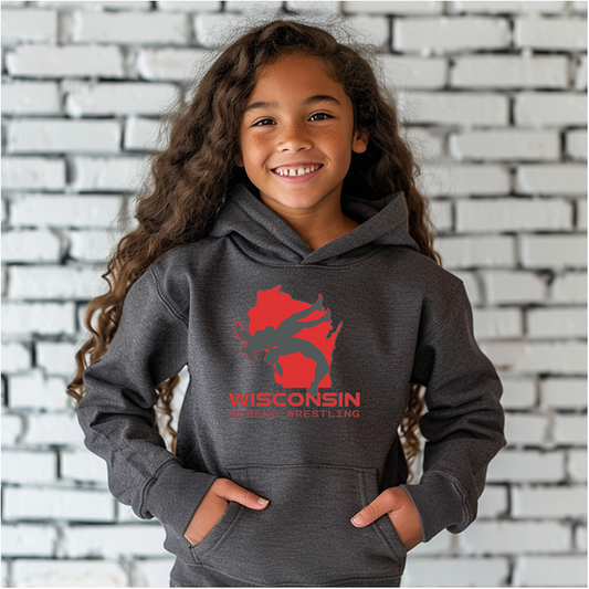 Wisconsin Tween Wrestling Girl High School Wrestler Team WI Youth Hoodie Heavy Blend Hooded Sweatshirt