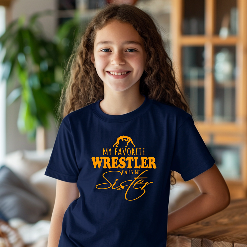 Wrestling Sister My Favorite Wrestler Calls Me Sister Youth Freestyle Wrestling T-Shirt Kids Wrestler Tee