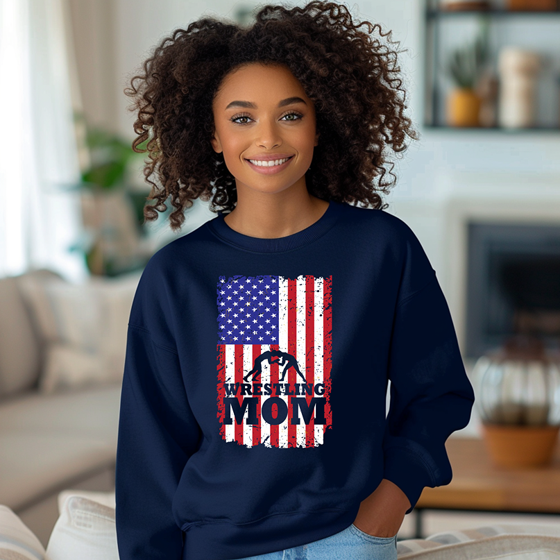 USA Flag Wrestling Mom Sweat Shirt Moms of Wrestlers Warm Cozy Comfortable Unisex Crewneck Sweatshirt