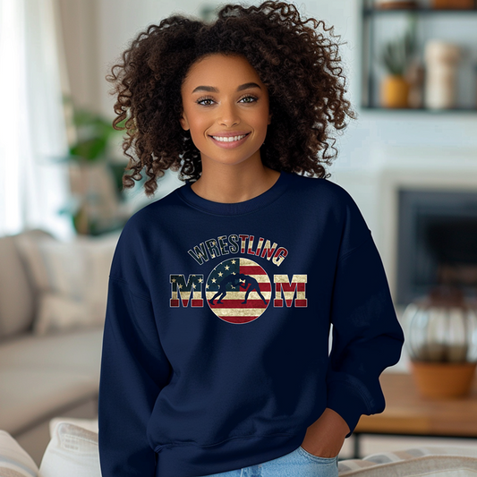 Wrestling Mom USA Flag Themed Moms of Wrestlers Warm Cozy Comfortable Unisex Crewneck Sweatshirt