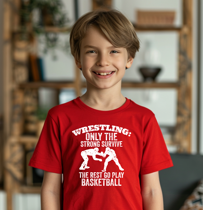 Only Strong Survive Wrestling Quote Youth Freestyle Wrestling T-Shirt Kids Wrestler Tee