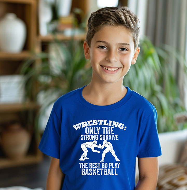 Only Strong Survive Wrestling Quote Youth Freestyle Wrestling T-Shirt Kids Wrestler Tee