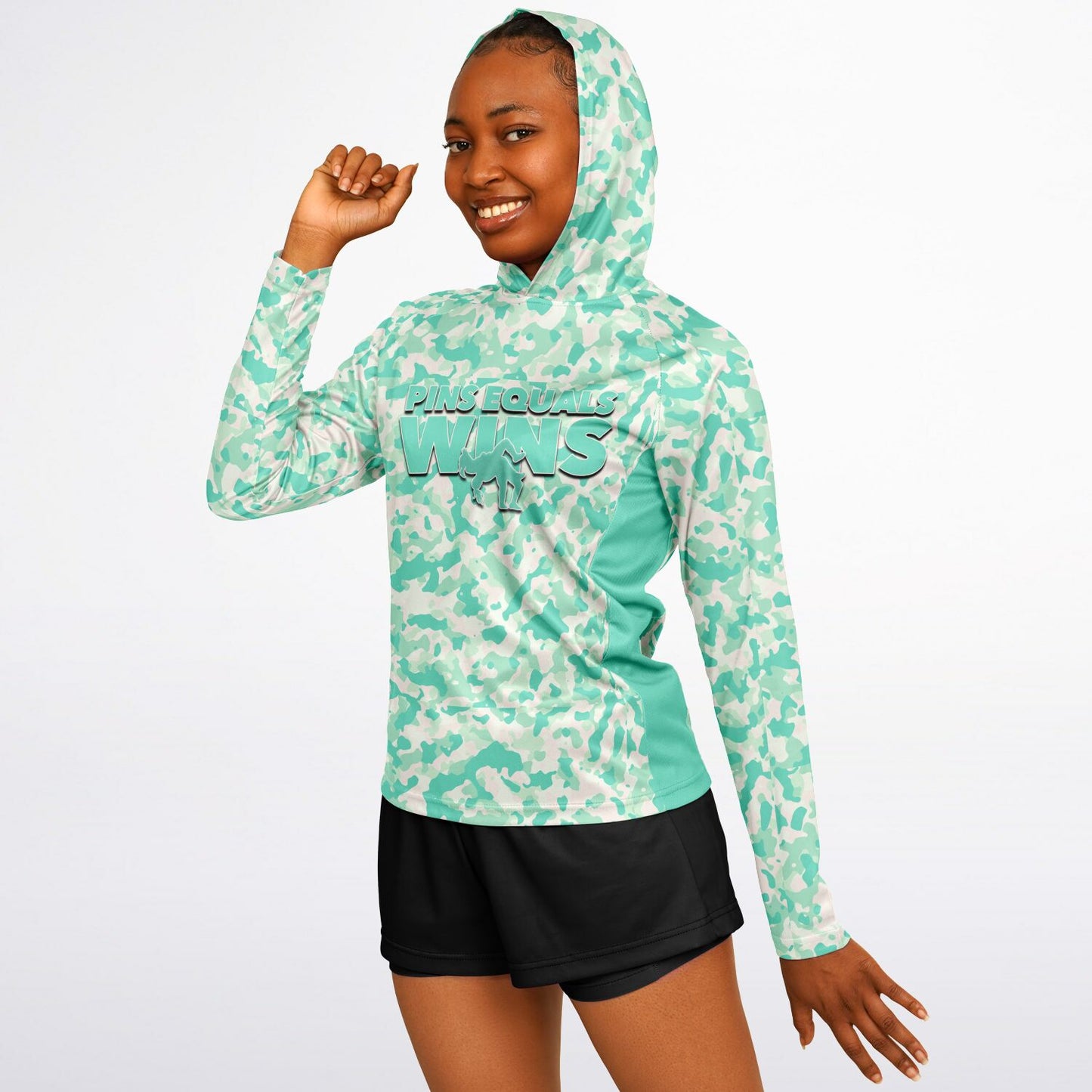 4Wrestlers Sage Green Camo Women's Wrestling Long Sleeve Hooded Performance Shirt - AOP