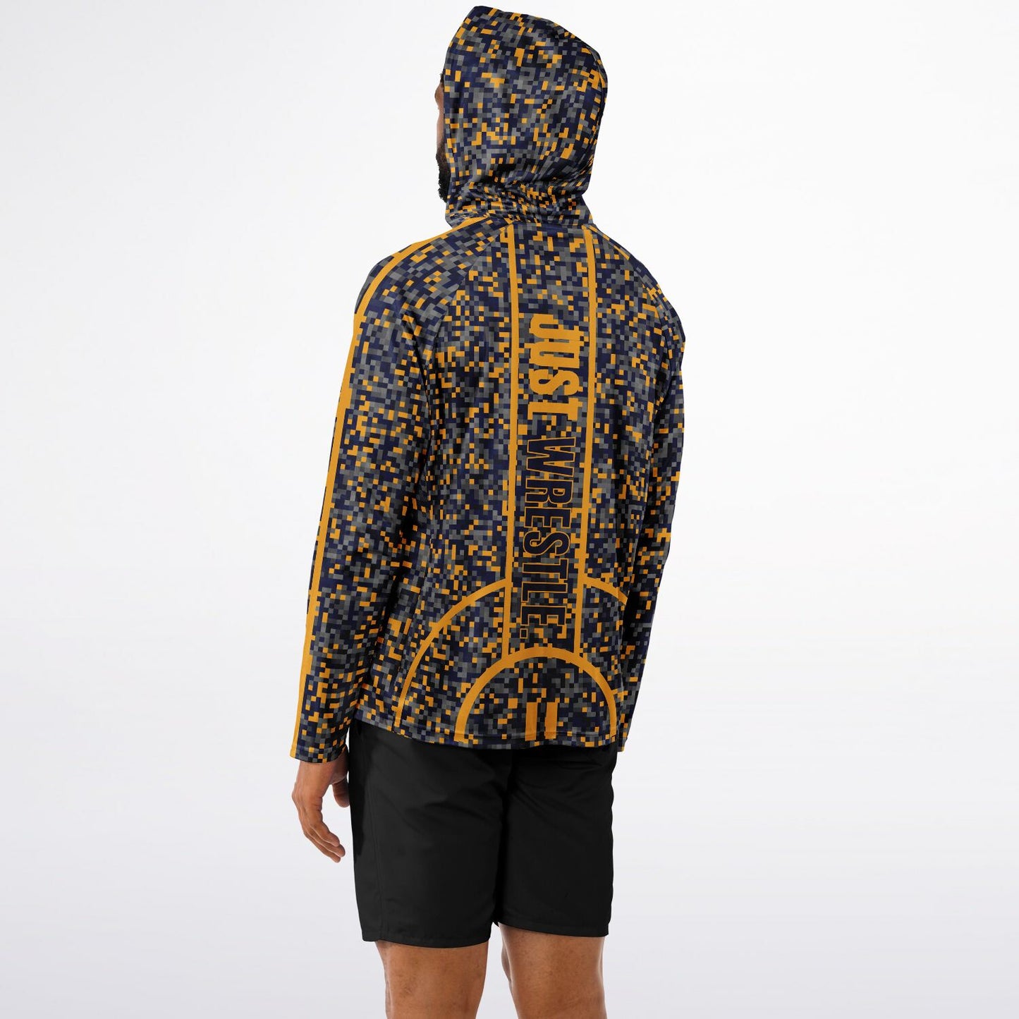 State of Michigan Wrestling Men's Wrestler Long Sleeve Hooded Performance Shirt - AOP Minecraft Camo