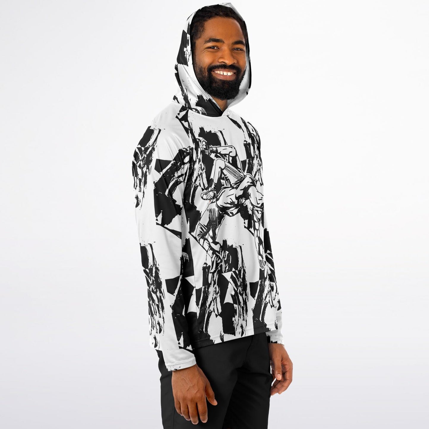 4Wrestlers Black & White Wrestling Men's Long Sleeve Hooded Performance Shirt - AOP