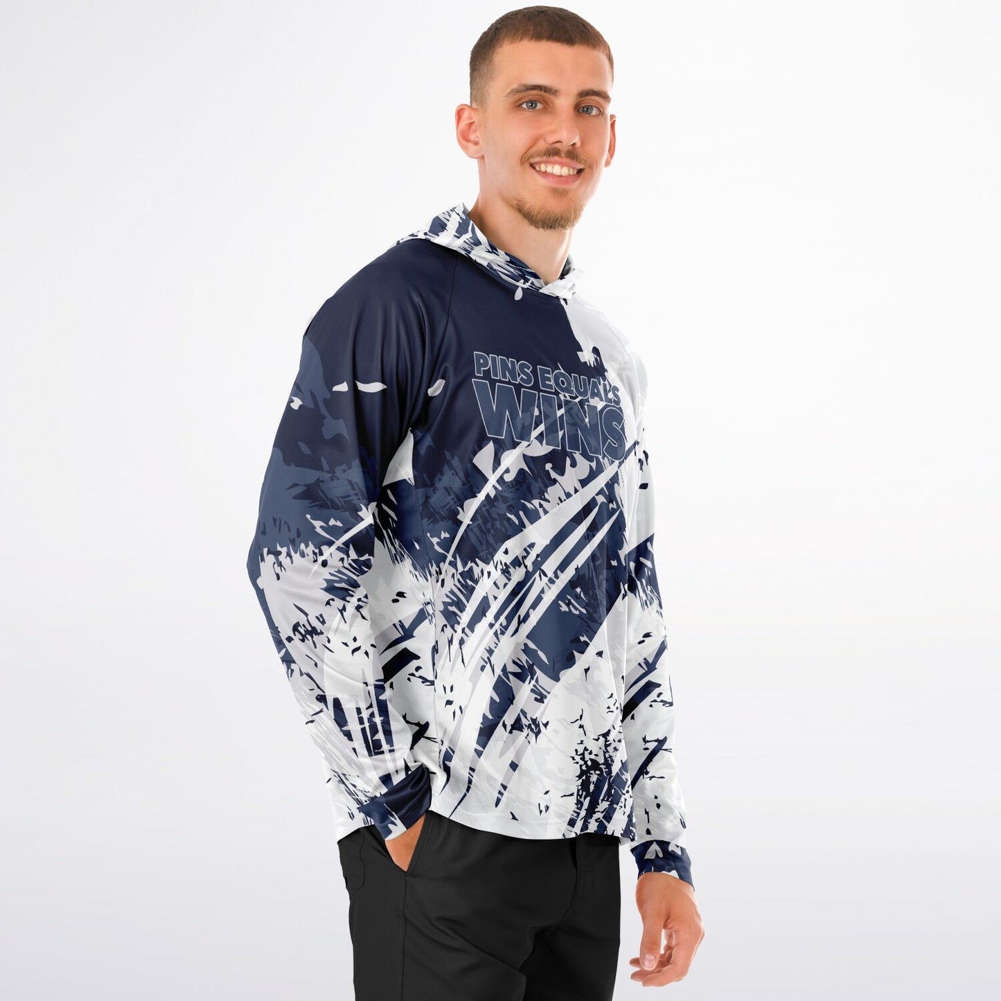 4Wrestlers Navy Blue Pins Equals Wins Men's Wrestling Long Sleeve Hooded Performance Shirt - AOP