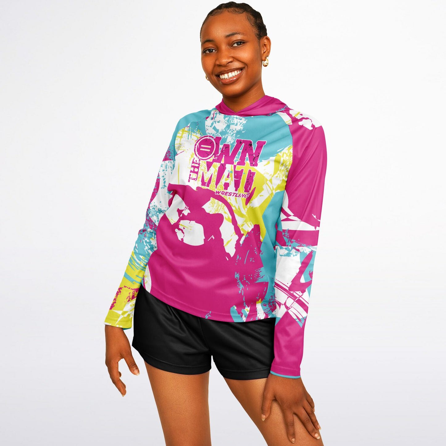 4Wrestlers Own the Mat Pink Splash Women's Wrestling Long Sleeve Hooded Performance Shirt - AOP