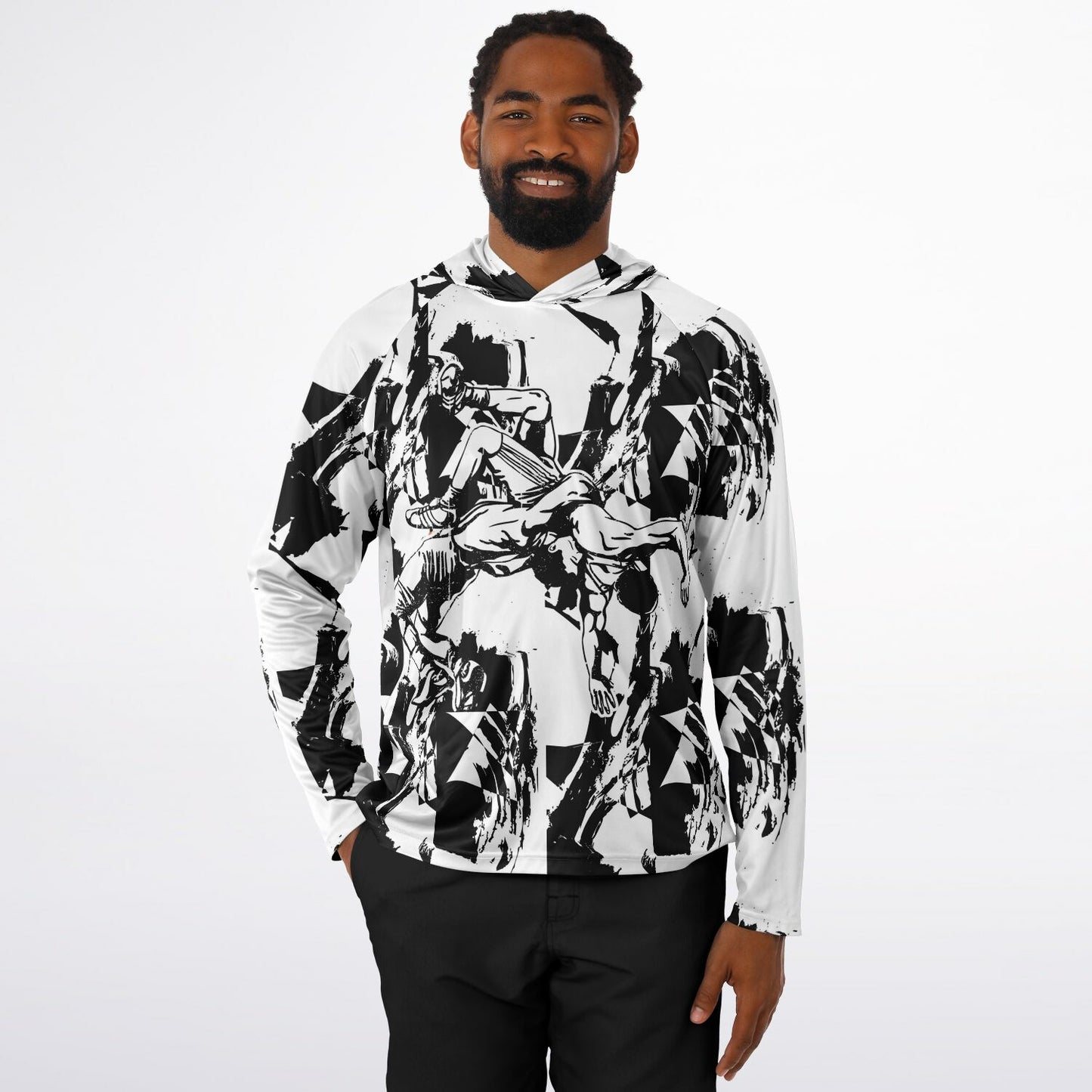 4Wrestlers Black & White Wrestling Men's Long Sleeve Hooded Performance Shirt - AOP