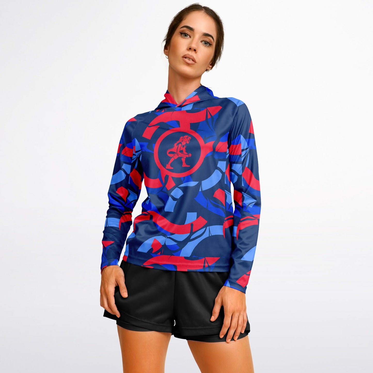 4Wrestlers Patriotic Abstract Women's Wrestling Long Sleeve Hooded Performance Shirt - AOP