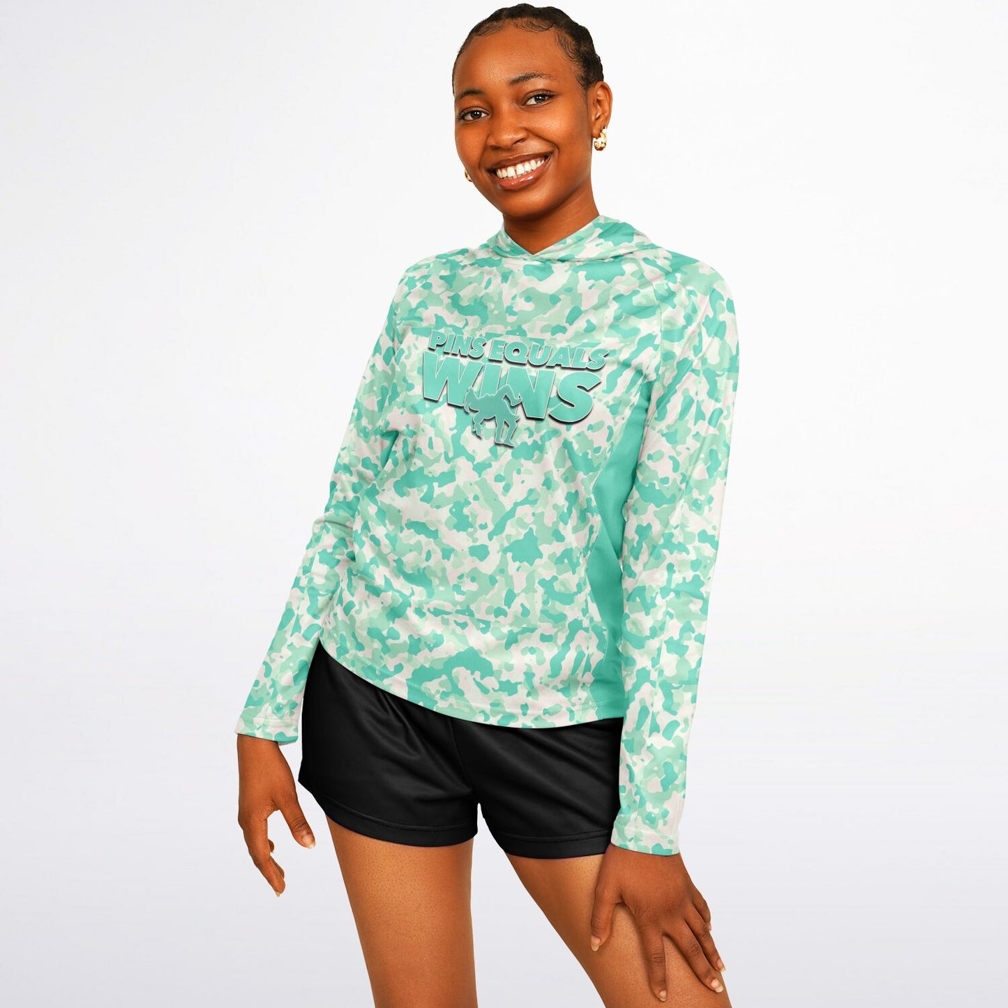 4Wrestlers Sage Green Camo Women's Wrestling Long Sleeve Hooded Performance Shirt - AOP