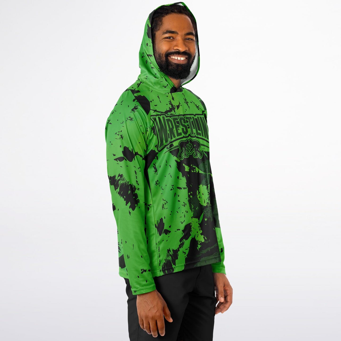 4Wrestlers Abstract Lime Green Men's Wrestling Long Sleeve Hooded Performance Shirt - AOP