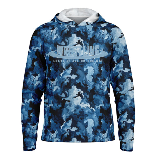4Wrestlers Navy and Baby Blue Camo Men's Long Sleeve Hooded Performance Shirt - AOP