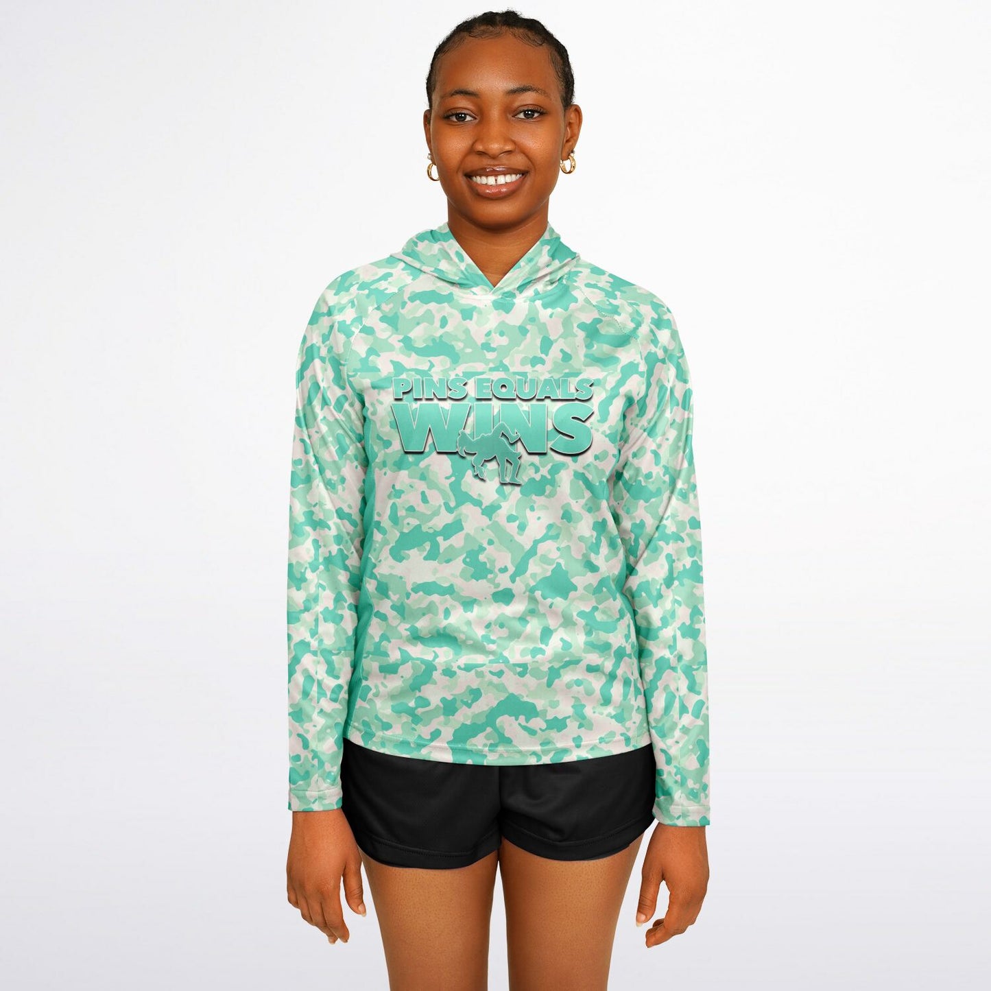 4Wrestlers Sage Green Camo Women's Wrestling Long Sleeve Hooded Performance Shirt - AOP