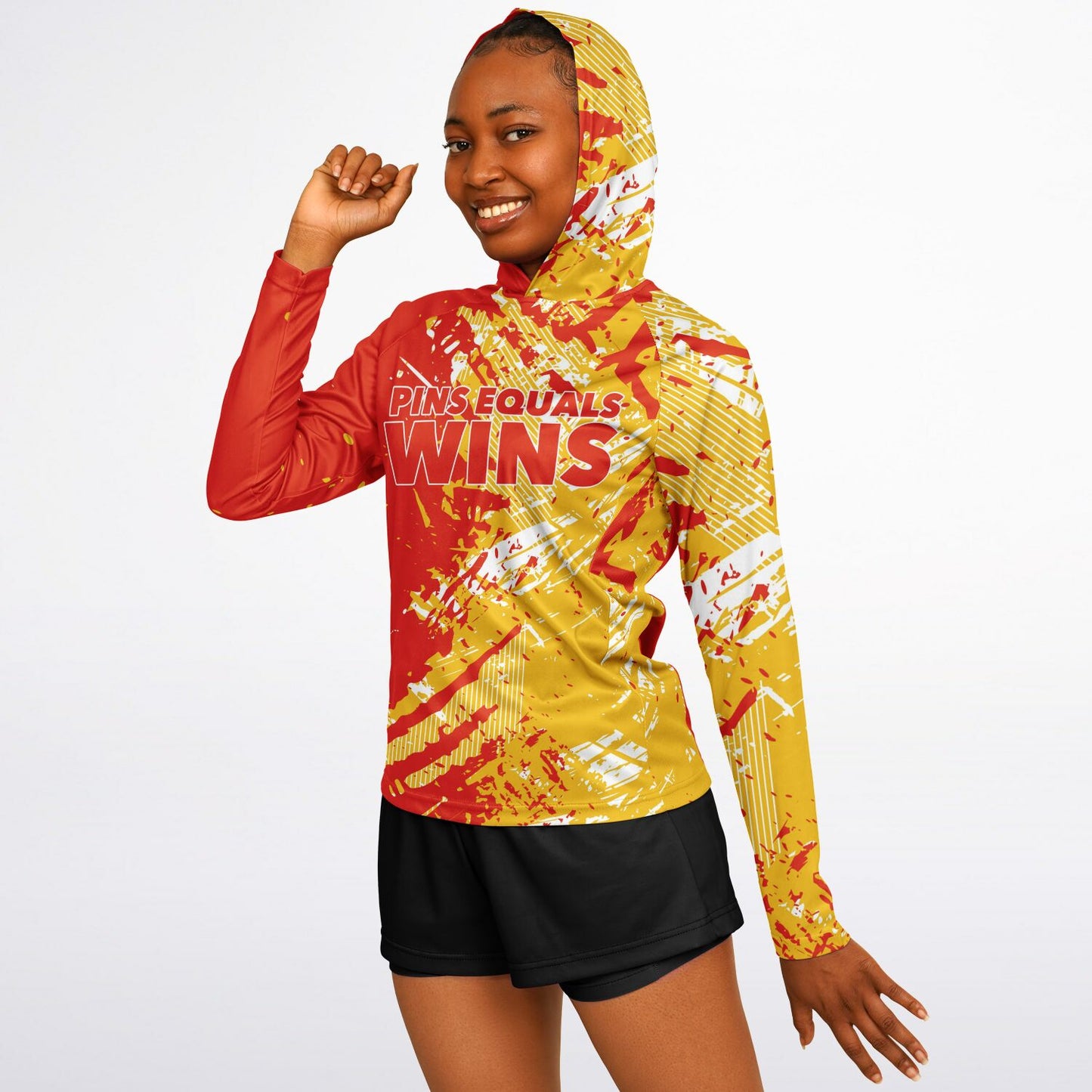 4Wrestlers Pins Equals Wins Patriotic Women's Wrestling Long Sleeve Hooded Performance Shirt - AOP