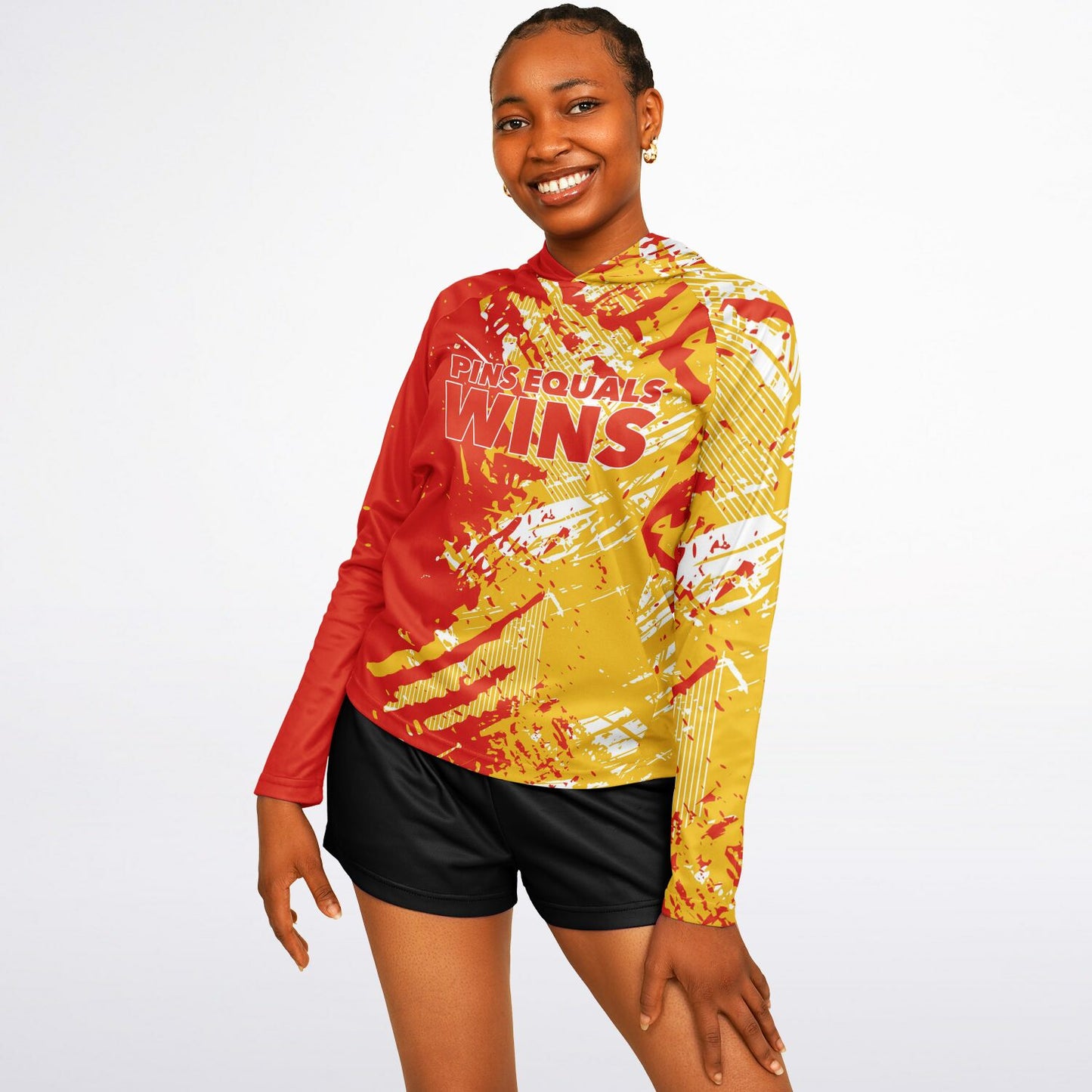 4Wrestlers Pins Equals Wins Patriotic Women's Wrestling Long Sleeve Hooded Performance Shirt - AOP