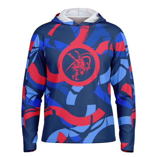 4Wrestlers Blue Red Logo Men's Wrestling Long Sleeve Hooded Performance Shirt - AOP