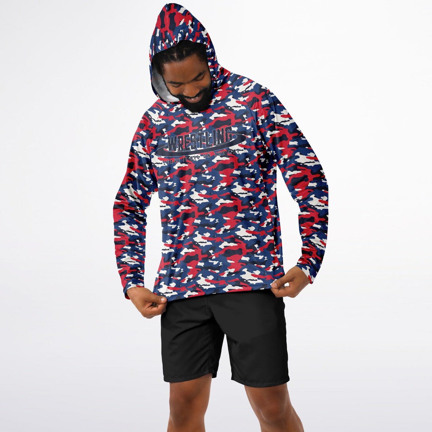 4Wrestlers Patriotic Camo Men's Long Sleeve Hooded Performance Shirt - AOP Sublimation