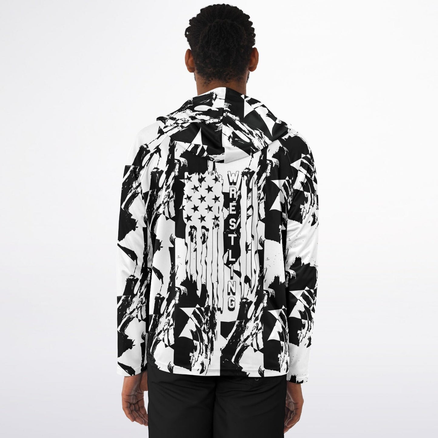 4Wrestlers Black & White Wrestling Men's Long Sleeve Hooded Performance Shirt - AOP