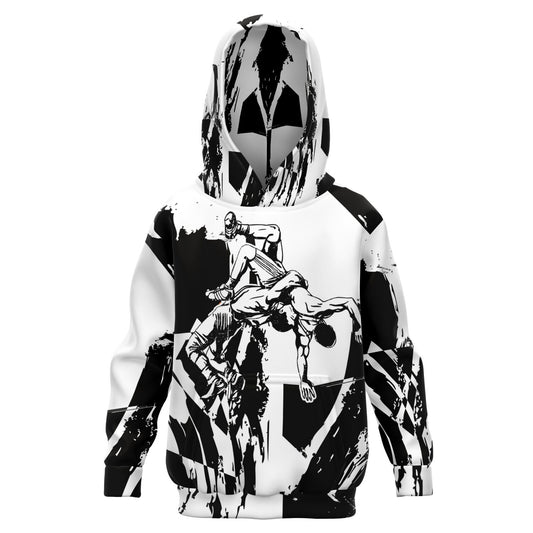 4Wrestlers Black & White Splatter Youth Wrestling Athletic Kids Hoodie - AOP