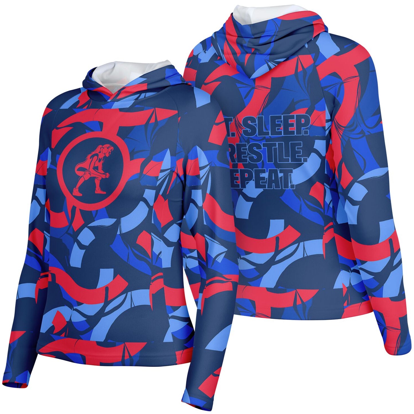 4Wrestlers Patriotic Abstract Women's Wrestling Long Sleeve Hooded Performance Shirt - AOP
