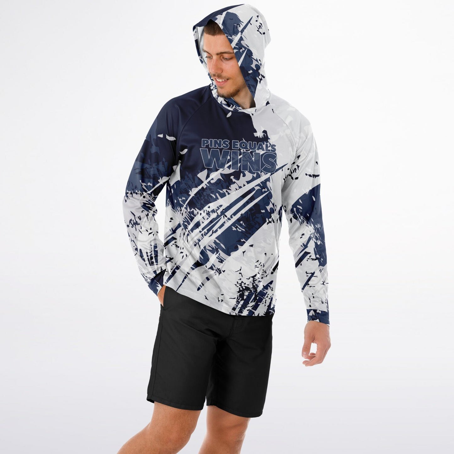 4Wrestlers Navy Blue Pins Equals Wins Men's Wrestling Long Sleeve Hooded Performance Shirt - AOP