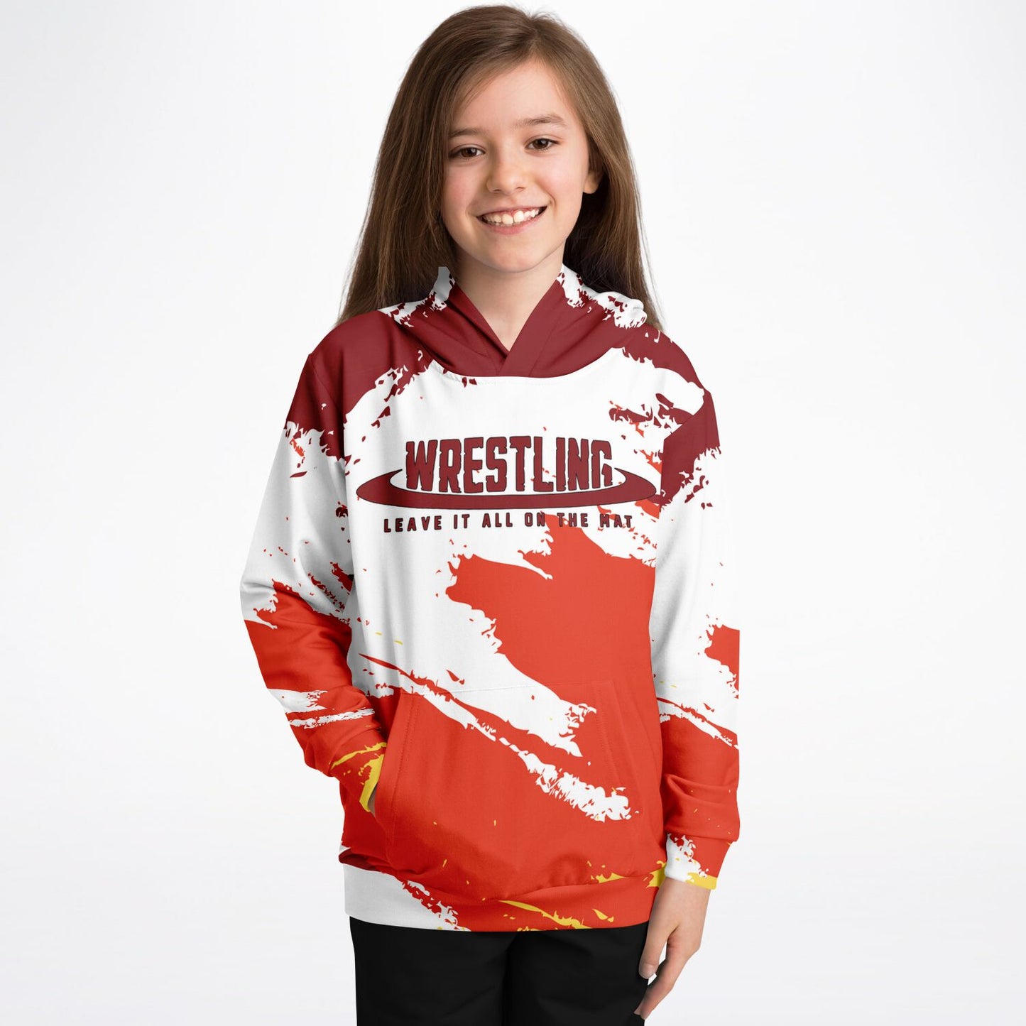 4Wrestlers Burgundy & White Leave It On The Mat Youth Girls Wrestling Athletic Kids Hoodie - AOP