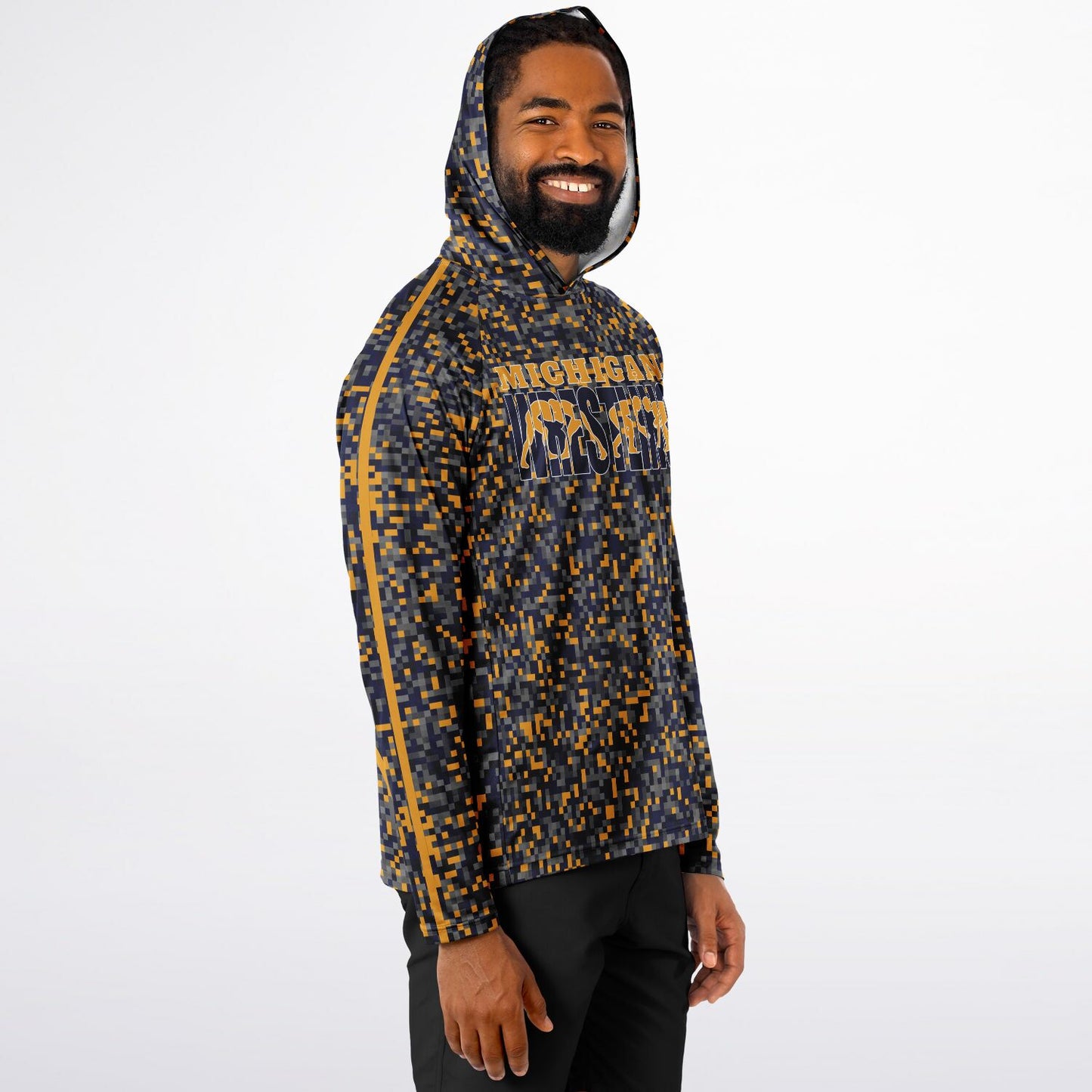 State of Michigan Wrestling Men's Wrestler Long Sleeve Hooded Performance Shirt - AOP Minecraft Camo