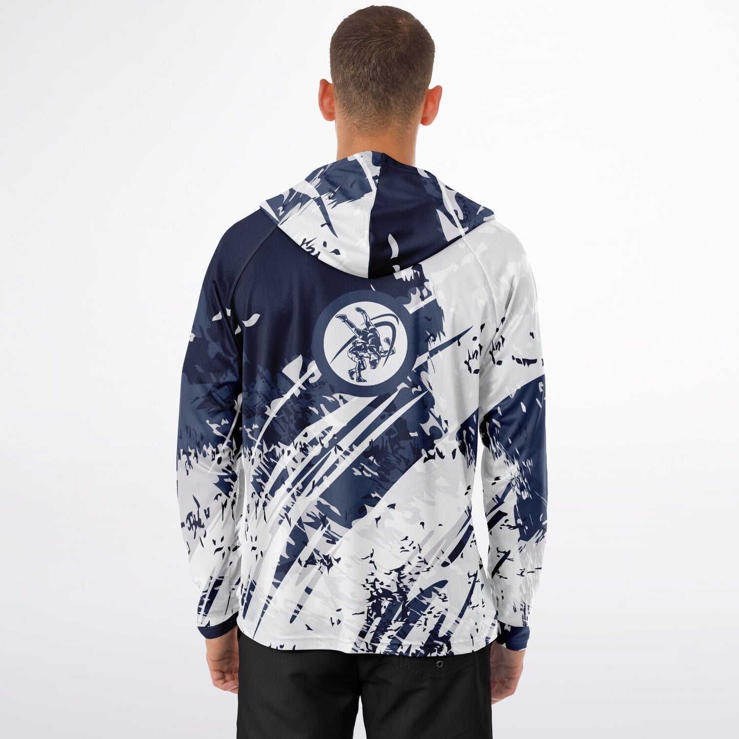 4Wrestlers Navy Blue Pins Equals Wins Men's Wrestling Long Sleeve Hooded Performance Shirt - AOP