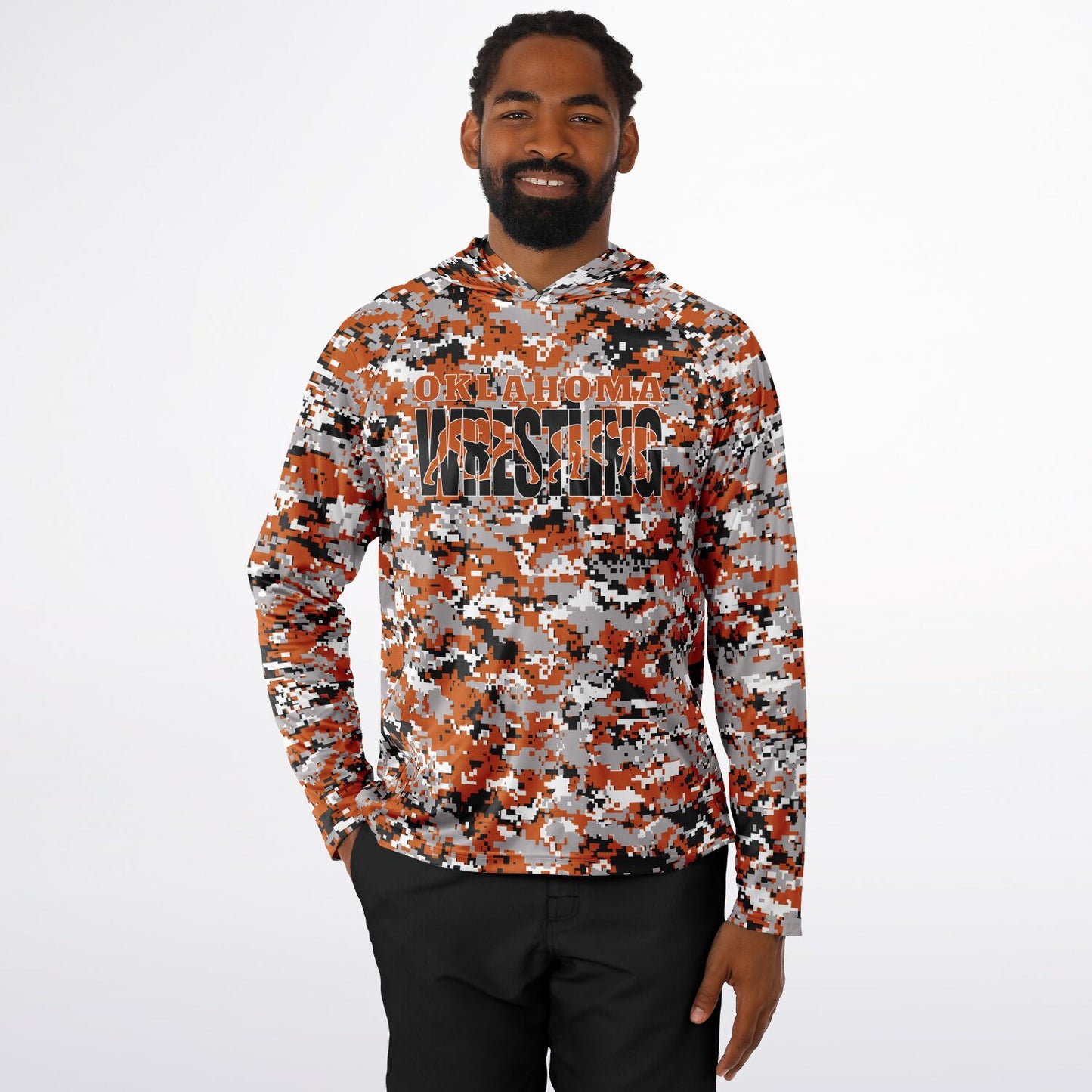 State of Oklahoma Wrestling Men's Wrestler Long Sleeve Hooded Performance Shirt - AOP Pixel Camo