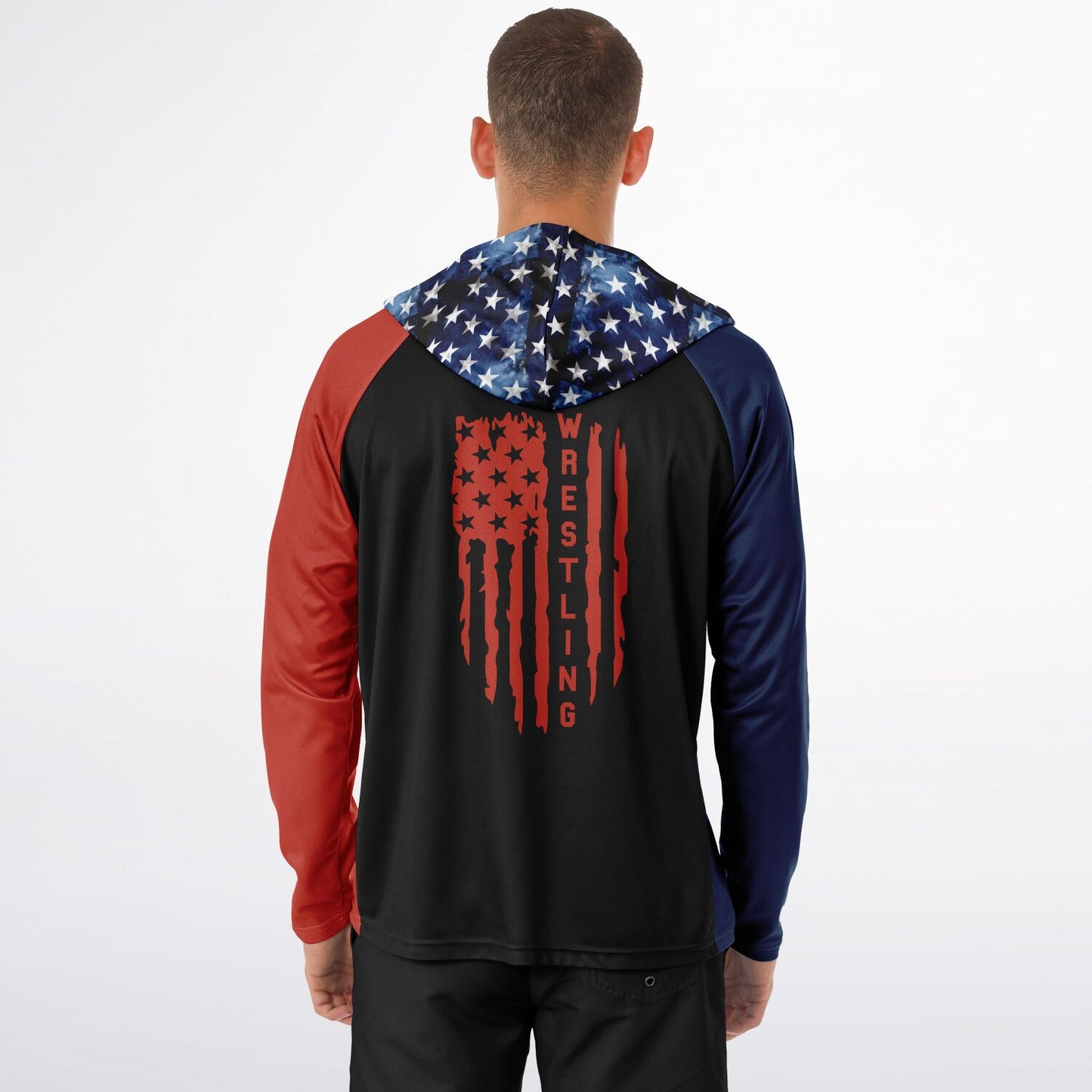 4Wrestlers Paint Splatter USA Flag Men's Long Sleeve Hooded Performance Shirt - AOP