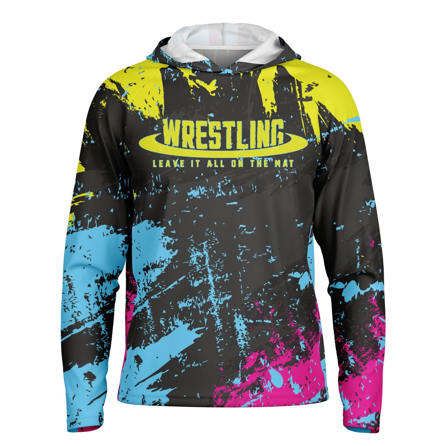 4Wrestlers Midnight Paint Splatter Men's Wrestling Long Sleeve Hooded Performance Shirt - AOP