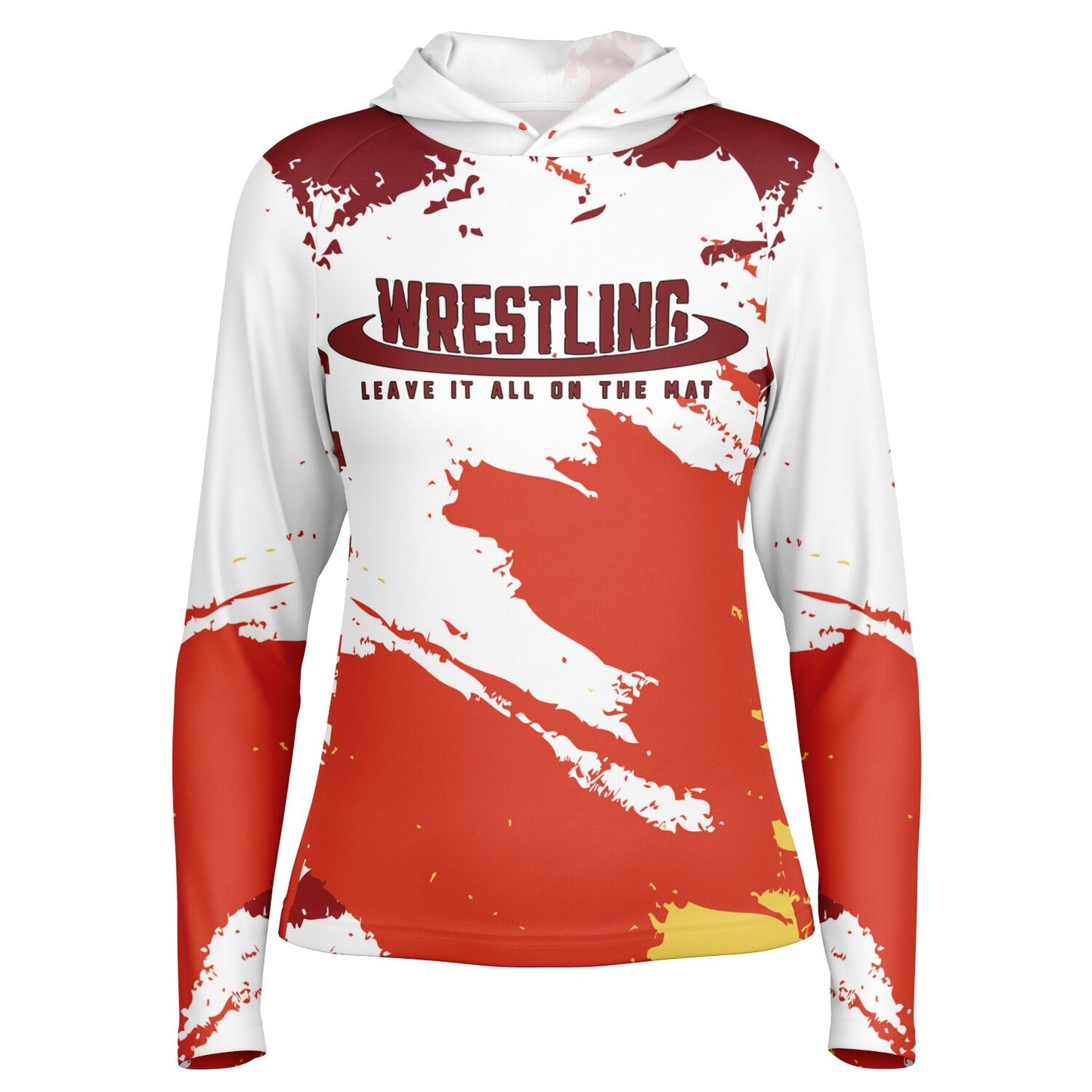 4Wrestlers Leave It All On The Mat Burgundy Women's Wrestling Long Sleeve Hooded Performance Shirt - AOP