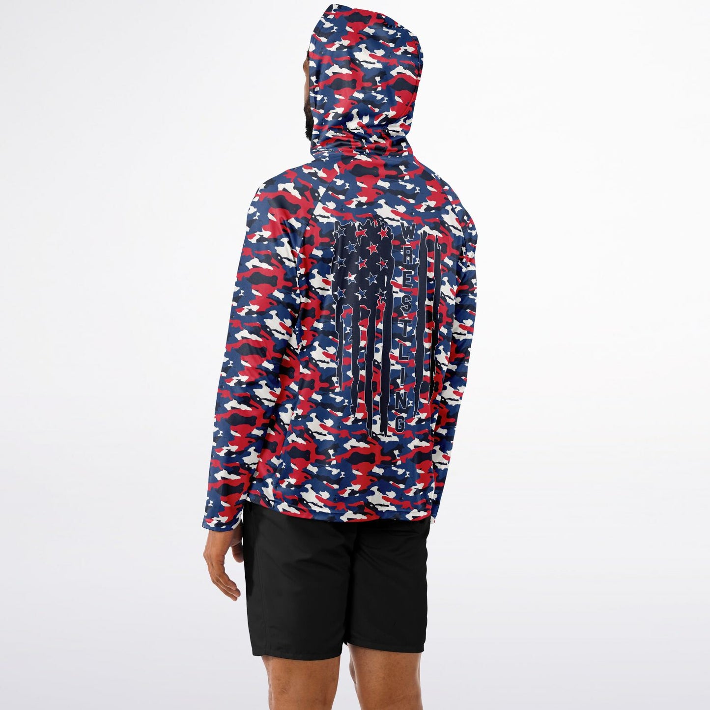 4Wrestlers Patriotic Camo Men's Long Sleeve Hooded Performance Shirt - AOP Sublimation